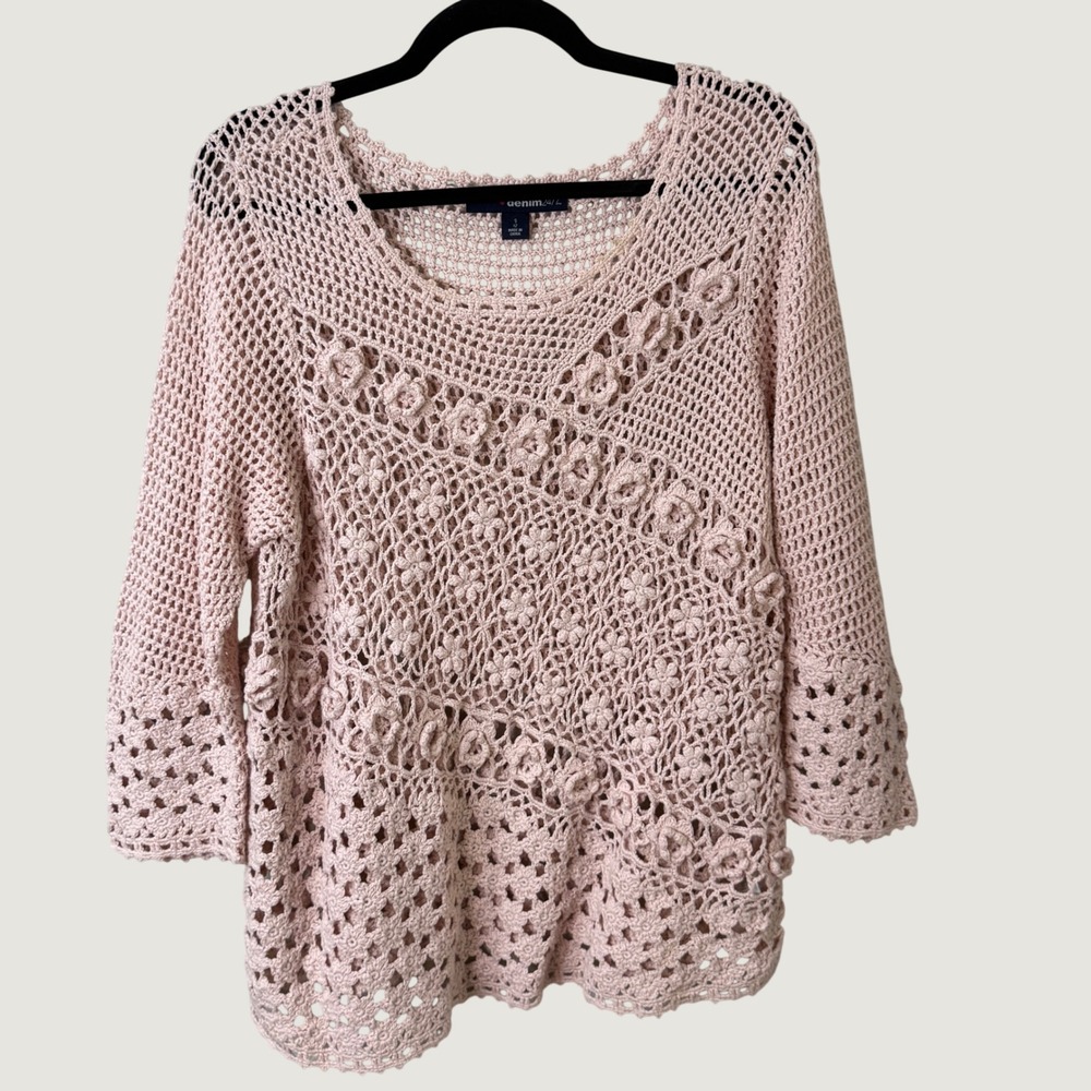 Denim 24/7 Crochet Knit Sweater Pink Floral Cotton 12 Romantic Fall Layering